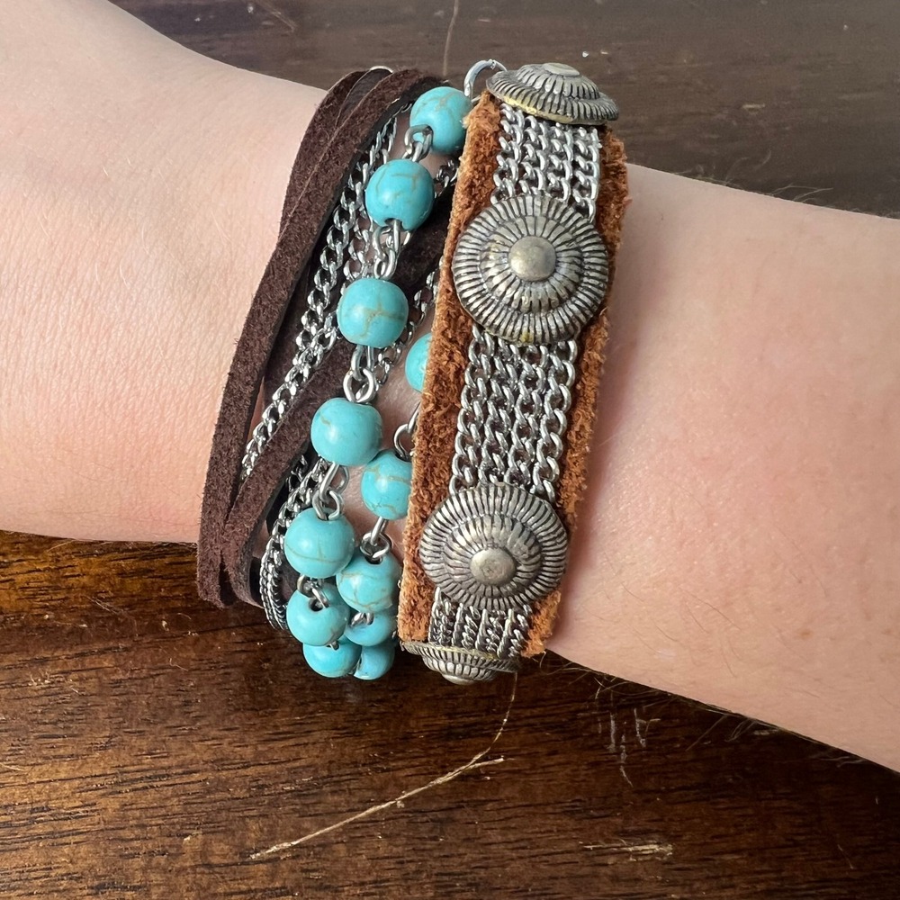 Western Boho Concho Bracelet Leather Wrap Turquoise Multi Strand Brown Suede
